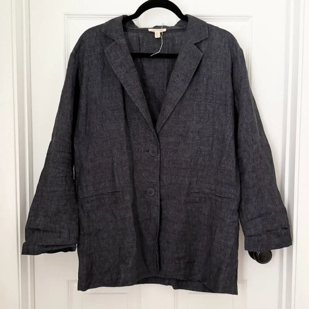 Women Eileen Fisher Linen Denim Two Button Lightweight Blazer Black Extra Small